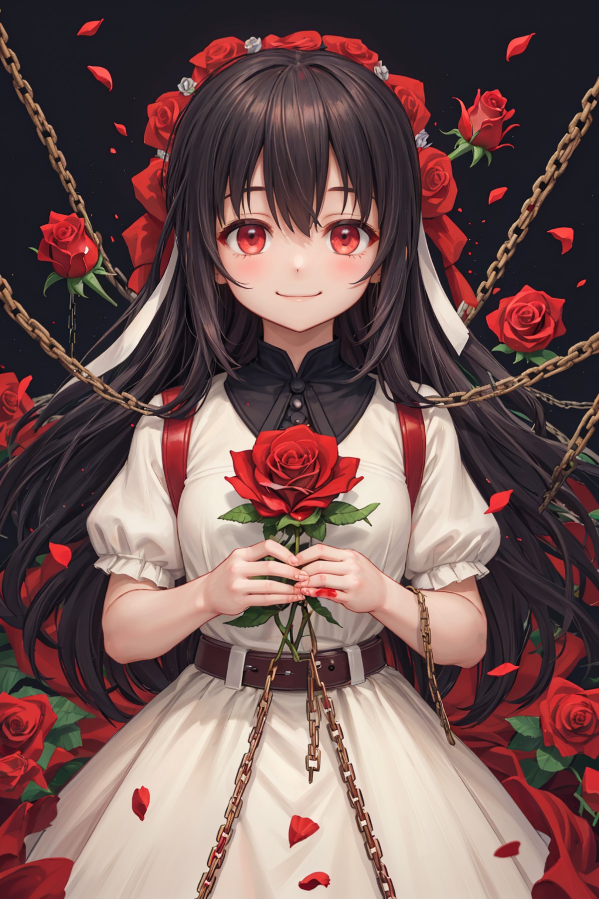 (masterpiece, best quality), makima \(chainsaw man\), 1girl, long hair, red eyes, scar on face, ringed eyes, pinafore dres...